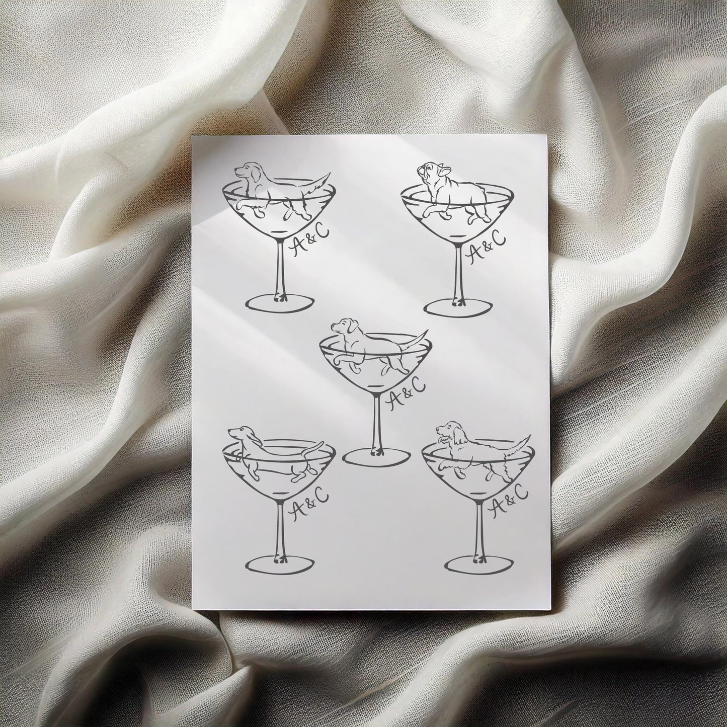 Dog Swimming in Coupe Sketch Glass Cocktail Napkin