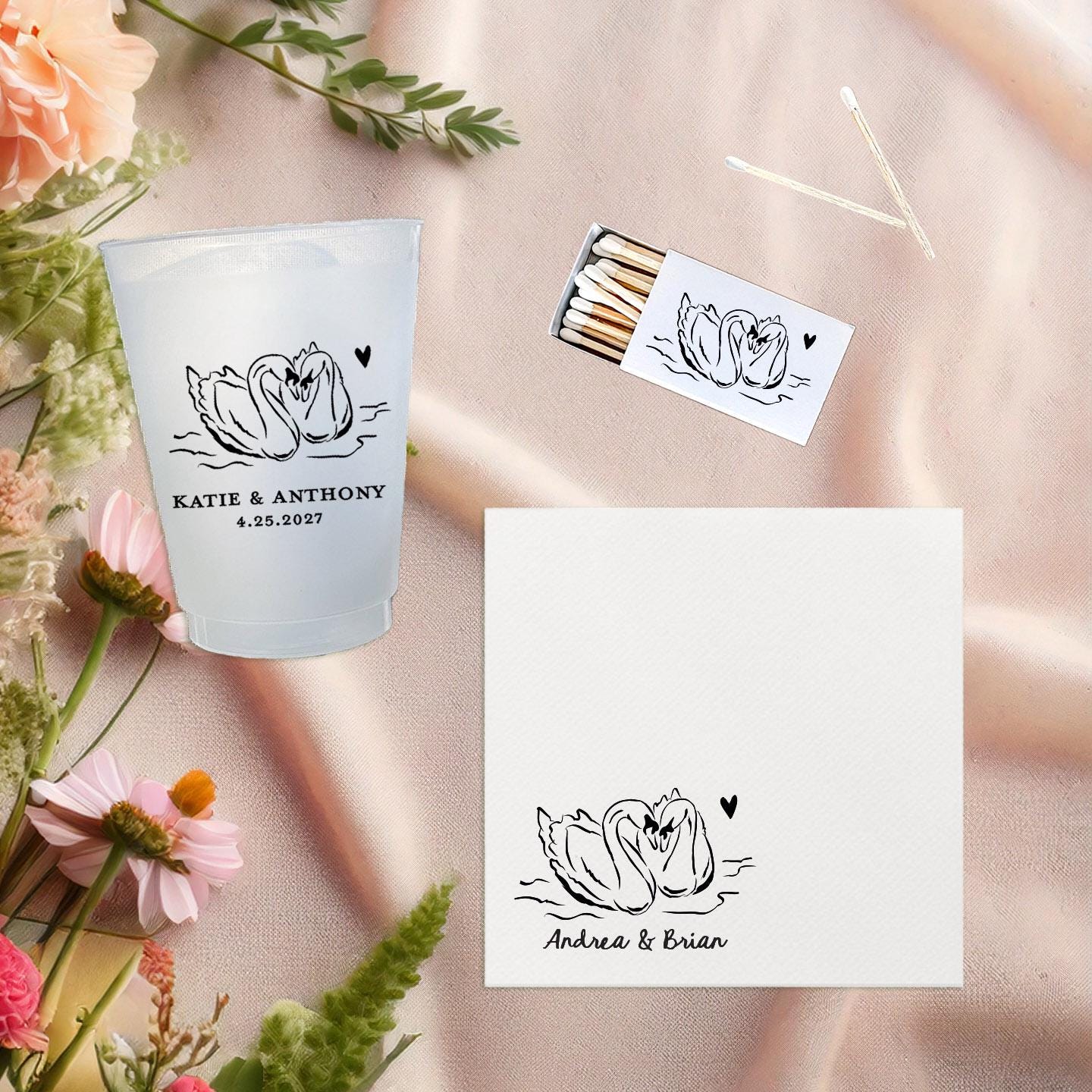 Pair of Swans Sketched Cocktail Napkins