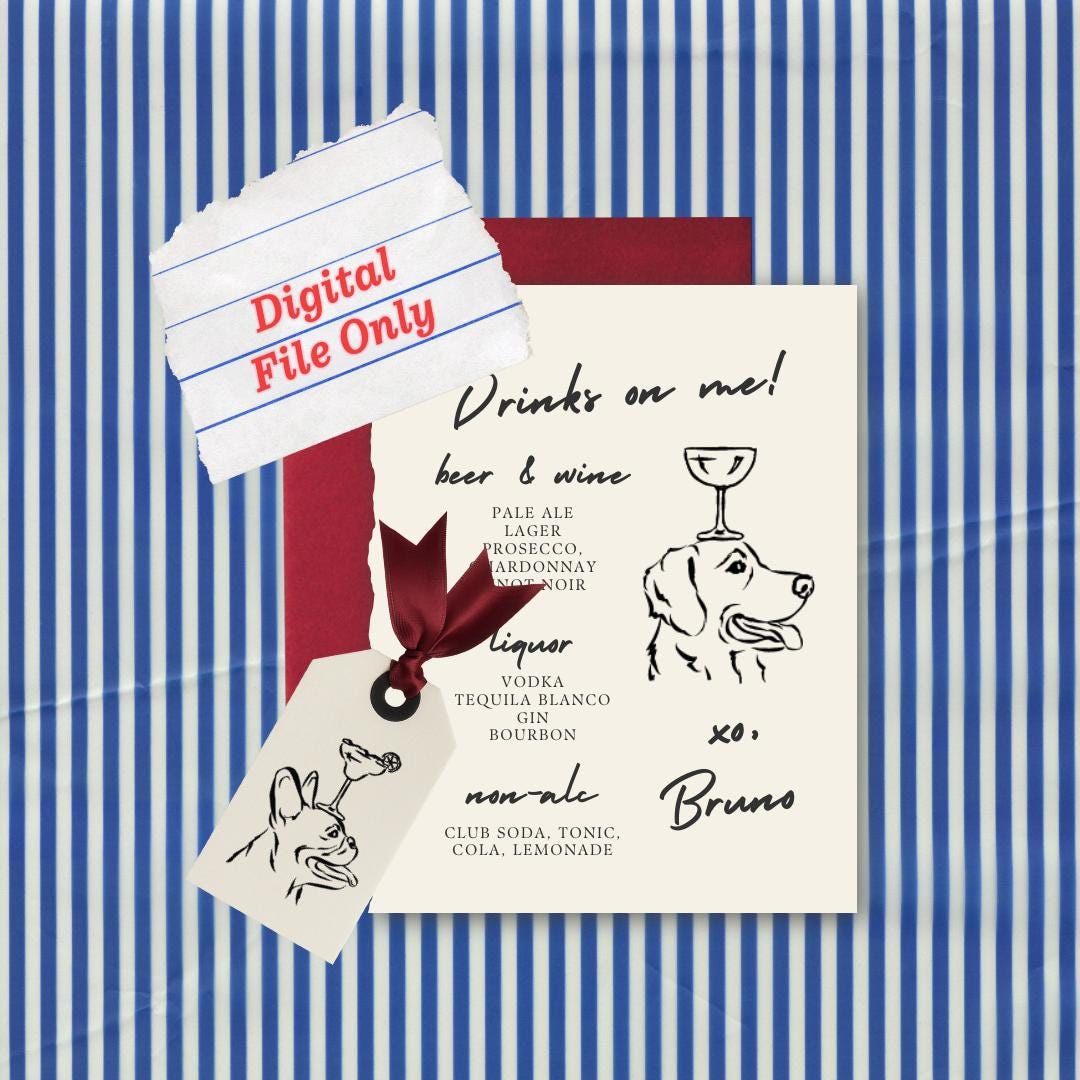 Dog with Cocktail Custom Digital Art: Wedding Signage, Party Decor (PDF & PNG)