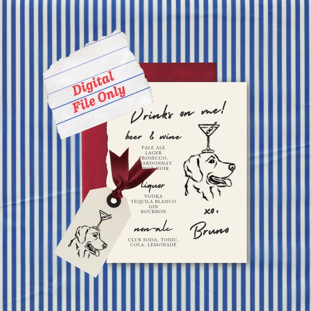 Custom Dog Portrait with Cocktail: Wedding & Party Printable (Digital File)
