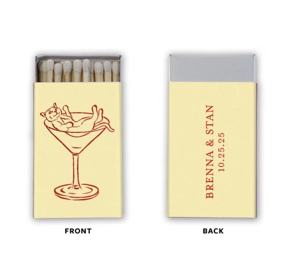 Cat in Cocktail Glass Matchboxes: Custom Matchbox Party Favors