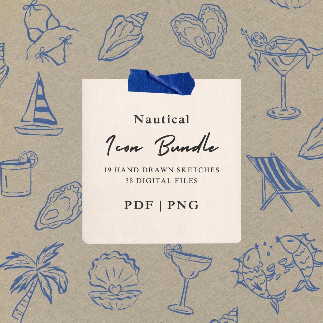 Nautical Coastal Wedding Illustrations: Hand-Drawn Icon Bundle