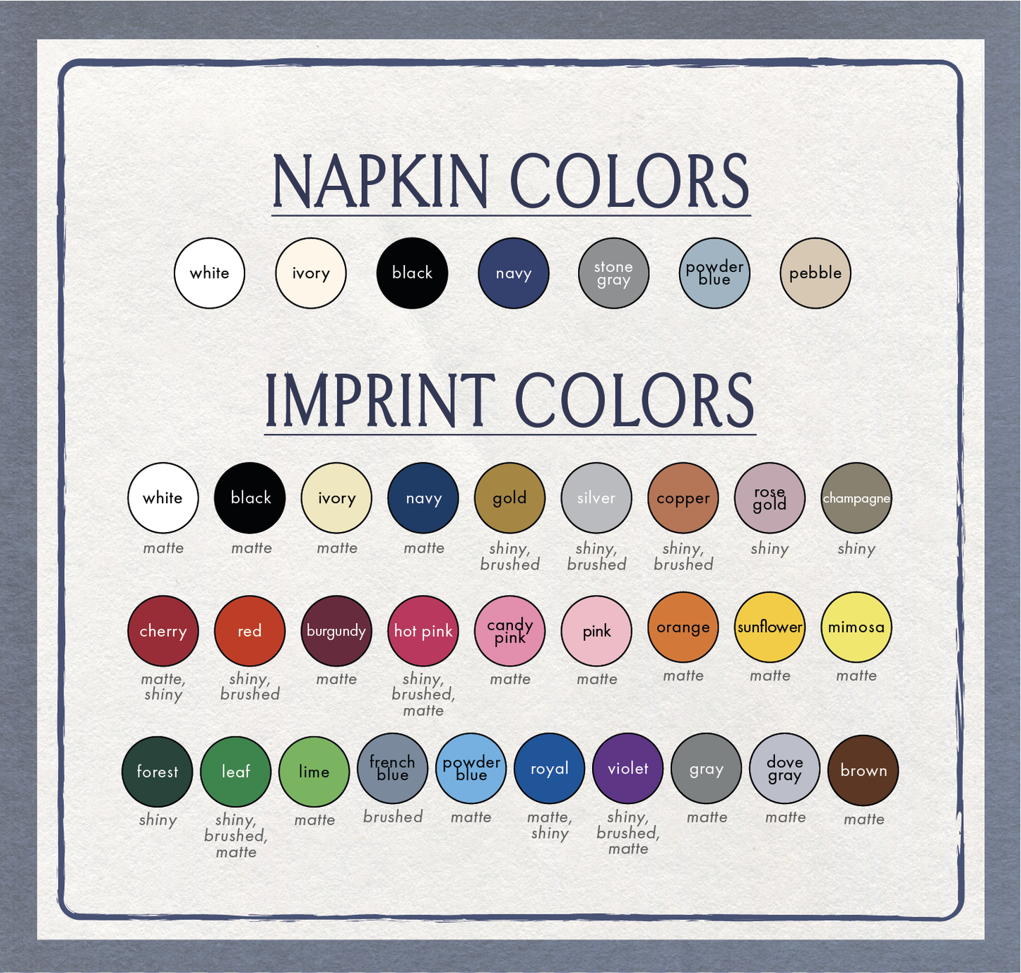 graphic showing all of guest towel color options