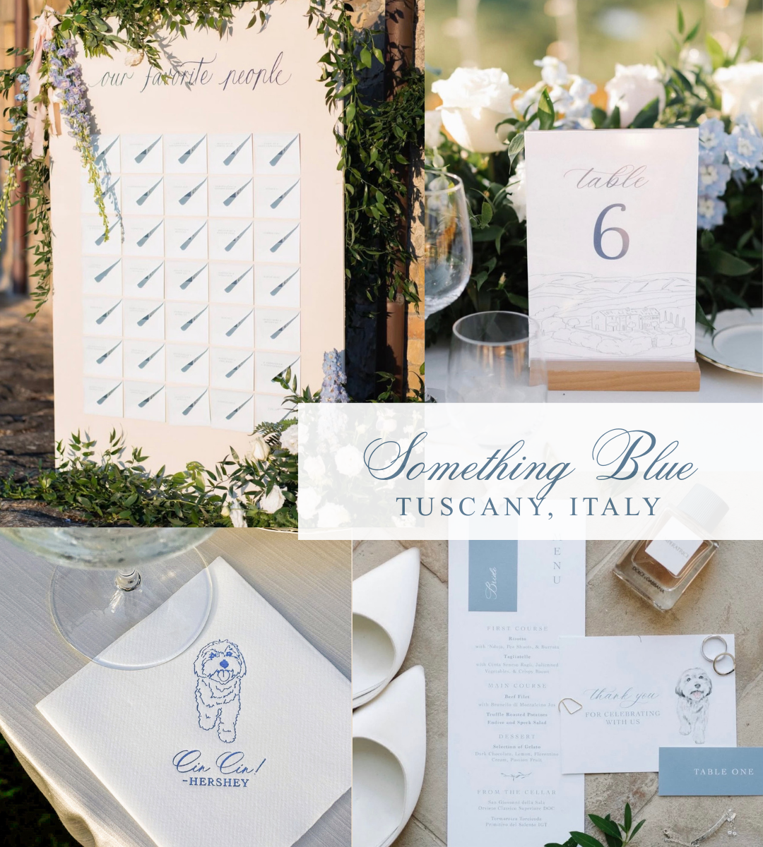Collage of wedding stationery and decor elements with 'Something Blue Tuscany, Italy' text.