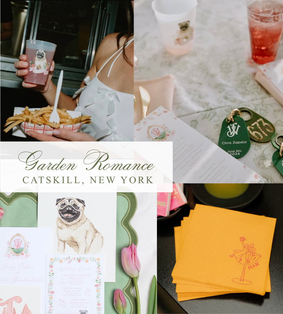 Collage of images including a person holding food, a glass of juice, a pug, and stationery items with 'Garden Romance' branding.