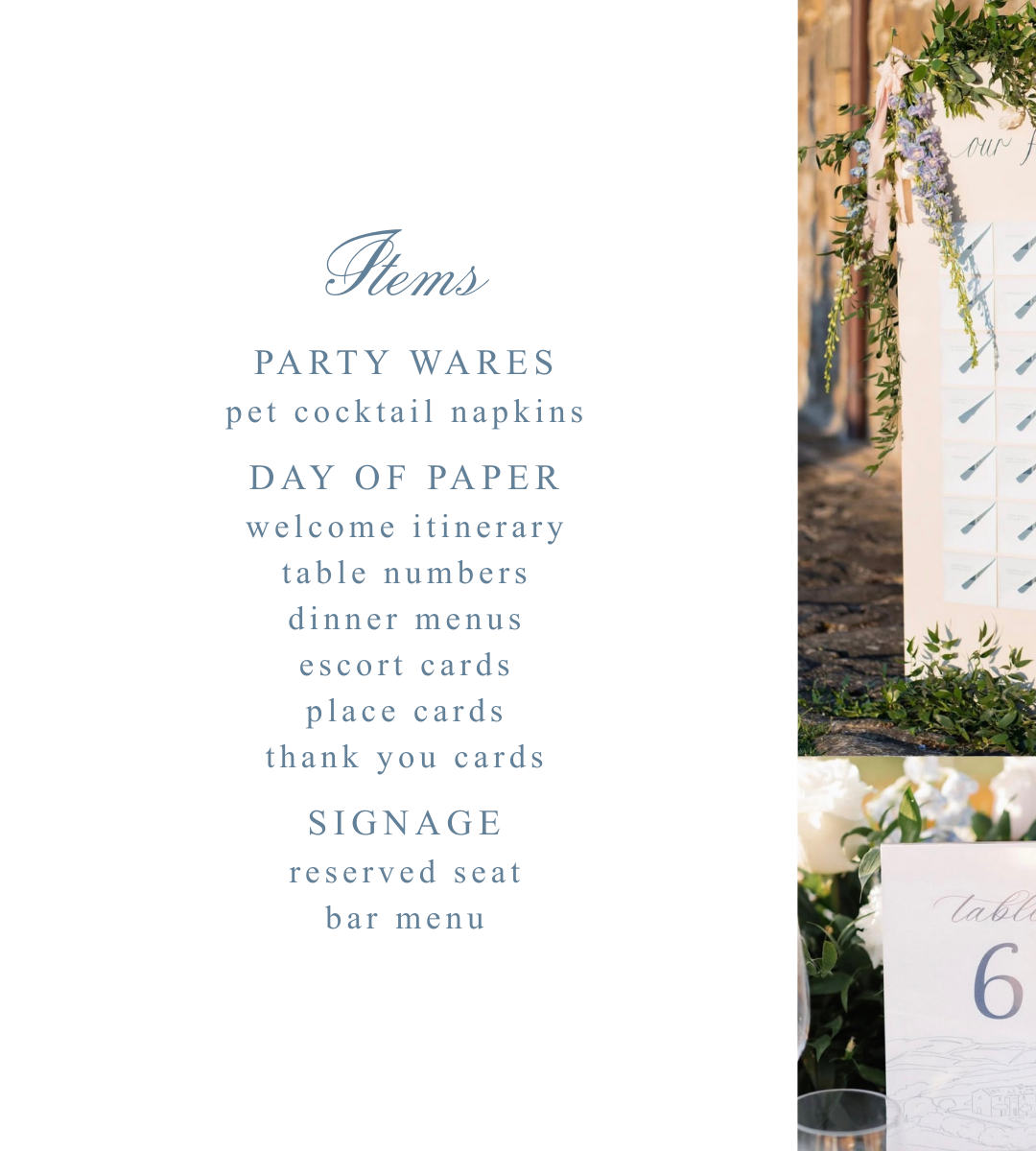 Text list of party wares and stationery items with a wedding setup in the corner.