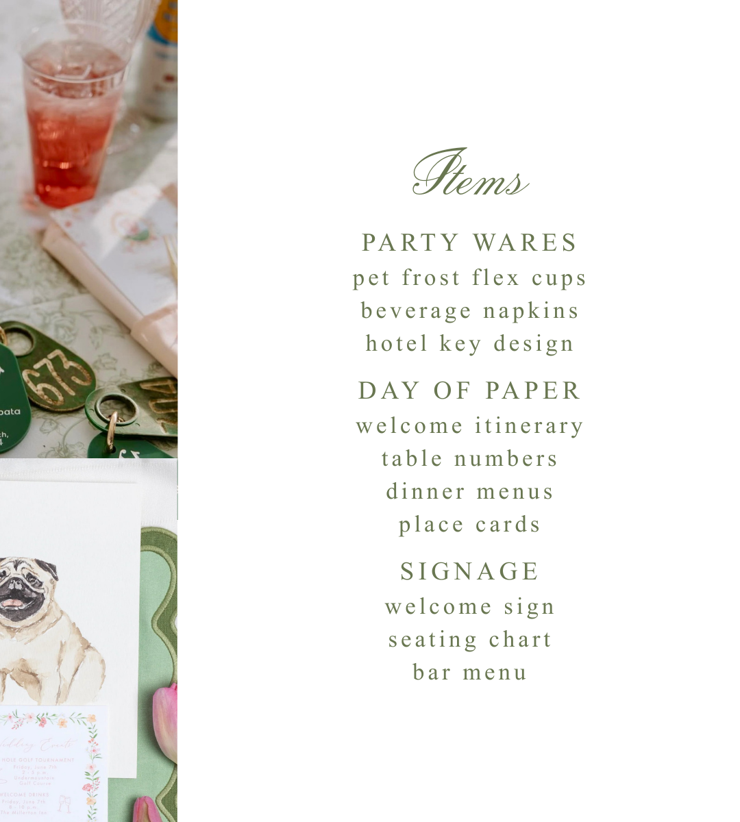 Promotional graphic for party supplies and stationery items with text on a white background.