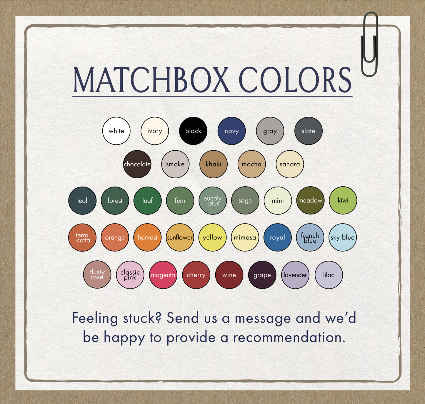 graphic showing all available matchbox colors