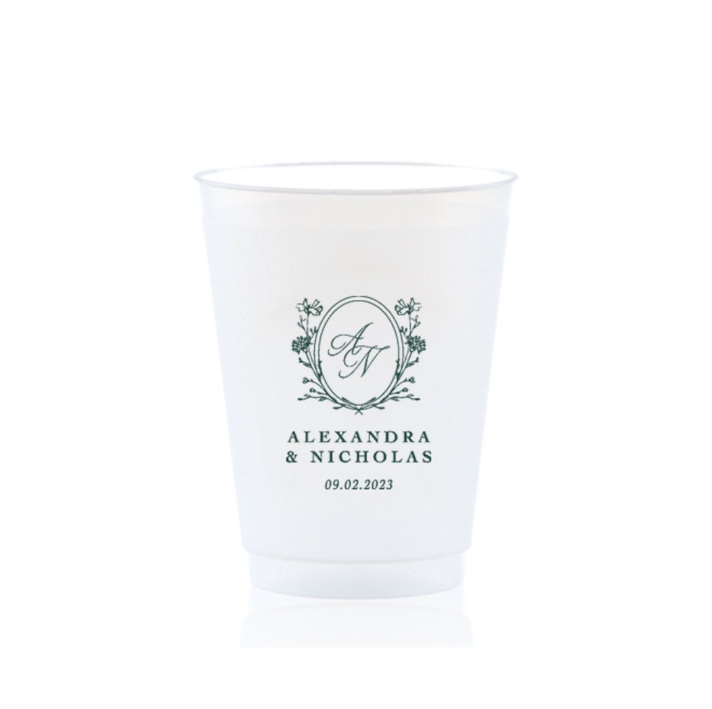 Custom Wildflower Crest Frost Flex Plastic Cup | Wedding | Party | Bachelorette | Birthday | Personalized | Baby Shower | Bridal Shower