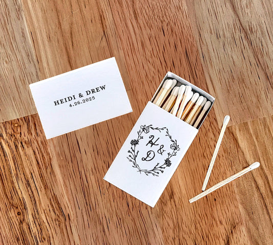 Custom Whimsical Wildflower Crest Matchboxes | Wedding | Bachelorette | Personalized | Bridal Shower | Rehearsal Dinner Night Before Match