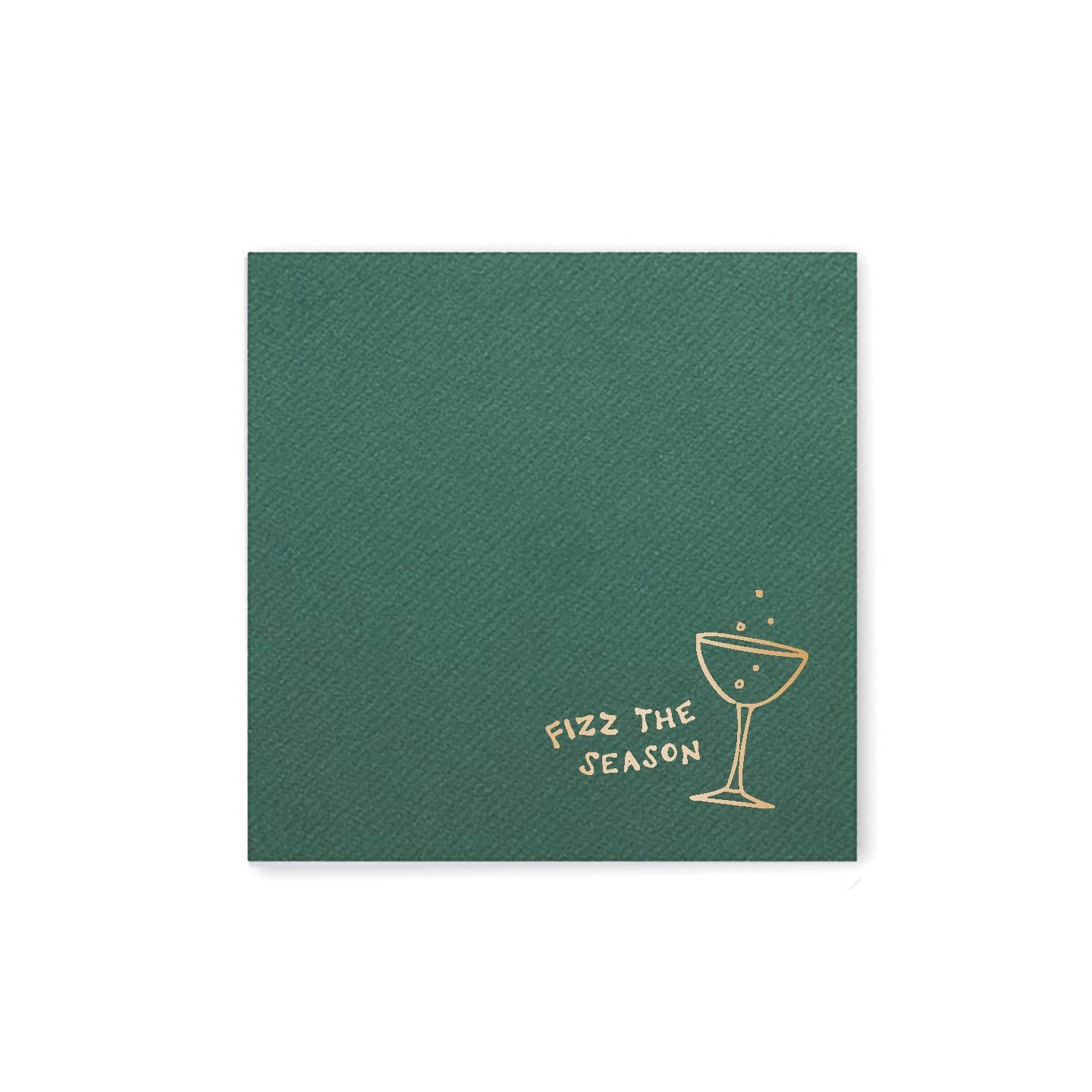 Fizz The Season Cocktail Napkin Set | Green Guest Towel | Foil Print | Funny | Entertaining | Hostess | Holiday Party | Christmas Champagne