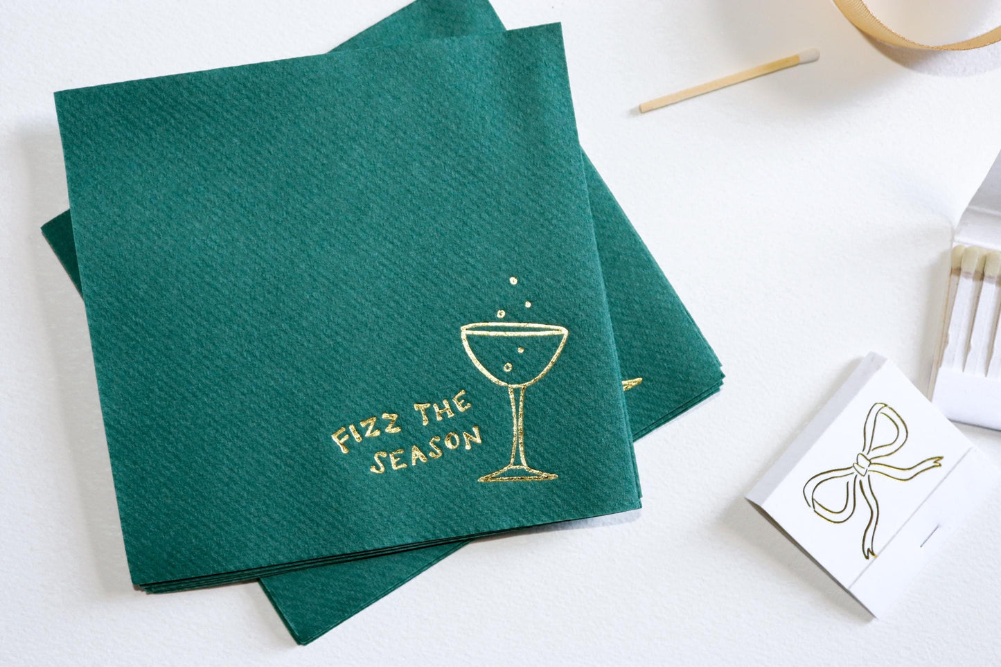 Fizz The Season Cocktail Napkin Set | Green Guest Towel | Foil Print | Funny | Entertaining | Hostess | Holiday Party | Christmas Champagne
