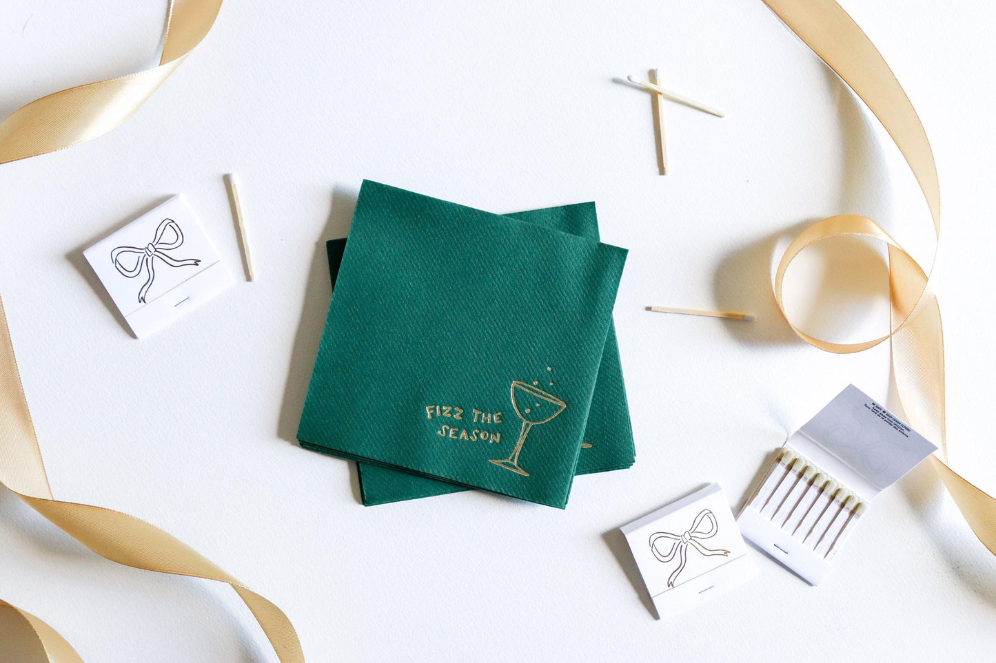 Fizz The Season Cocktail Napkin Set | Green Guest Towel | Foil Print | Funny | Entertaining | Hostess | Holiday Party | Christmas Champagne