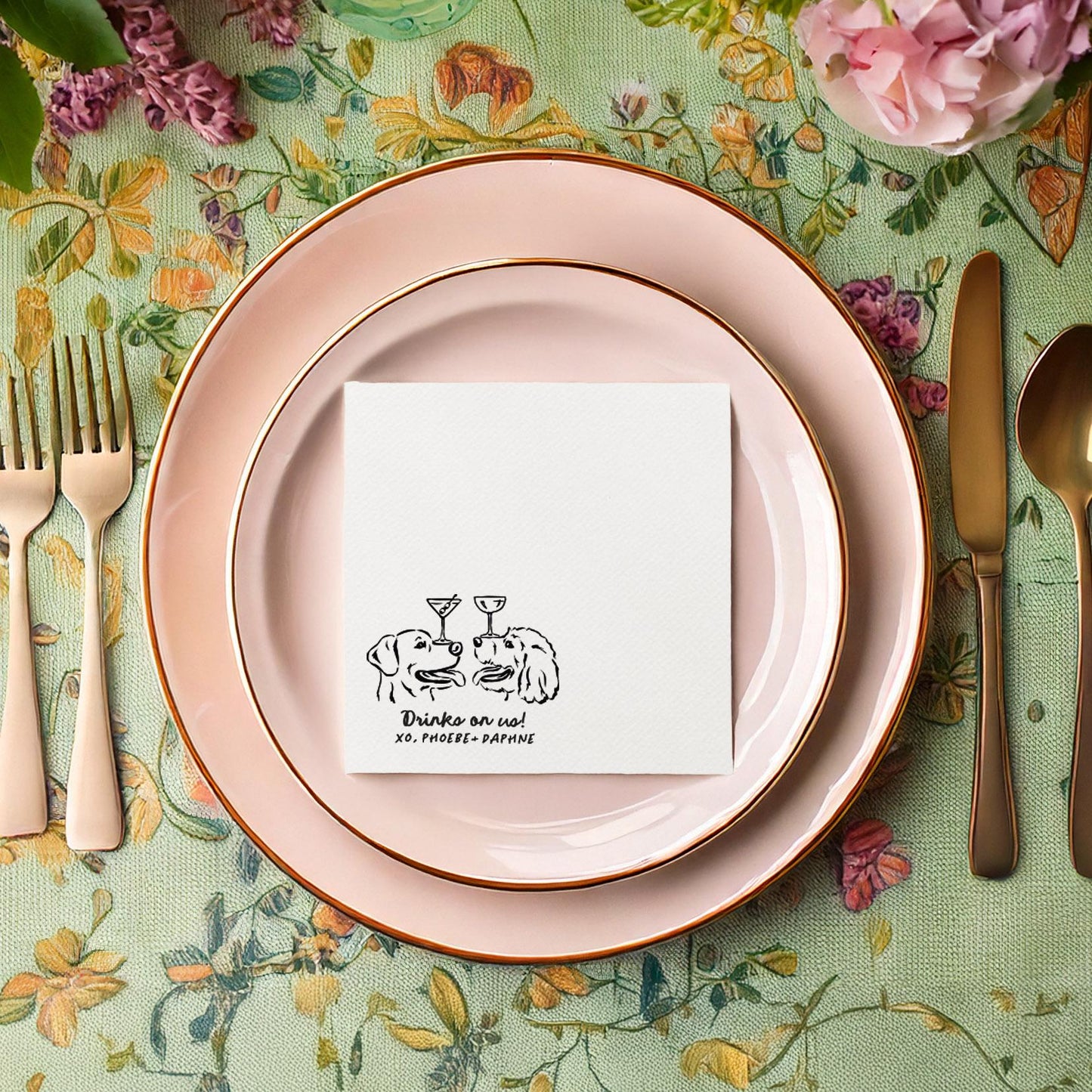 Two Dogs with Glass on Nose Cute Illustration Cocktail Napkin | For Wedding, Engagement Party, Rehearsal Dinner, Bridal Shower, Multiple Pet