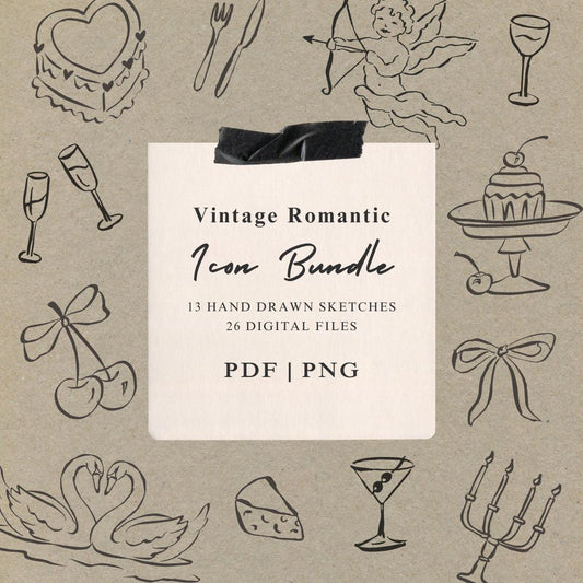 Vintage Romantic Wedding Illustrations: Hand-Drawn Icon Bundle