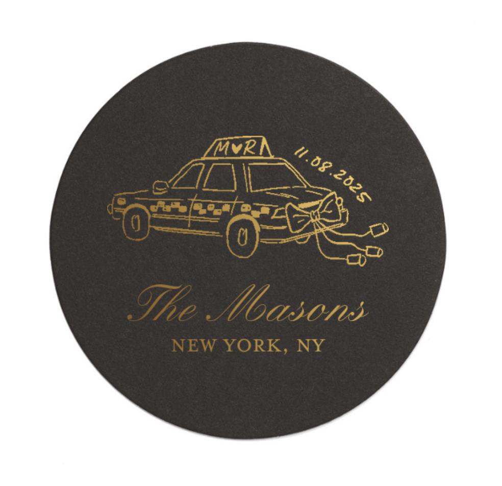 NYC Getaway Taxi Paper Coasters: Foil Printed Whimsical Wedding Party Decor