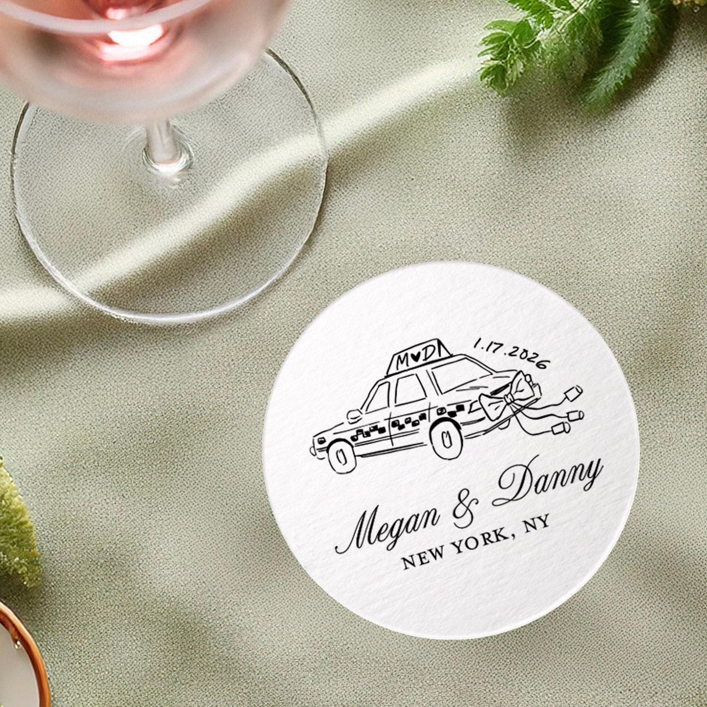 NYC Getaway Taxi Paper Coasters: Foil Printed Whimsical Wedding Party Decor