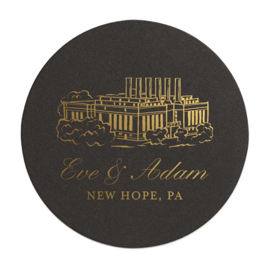 Custom Venue Illustration Paper Coasters: Foil Printed Whimsical Wedding Party Favors