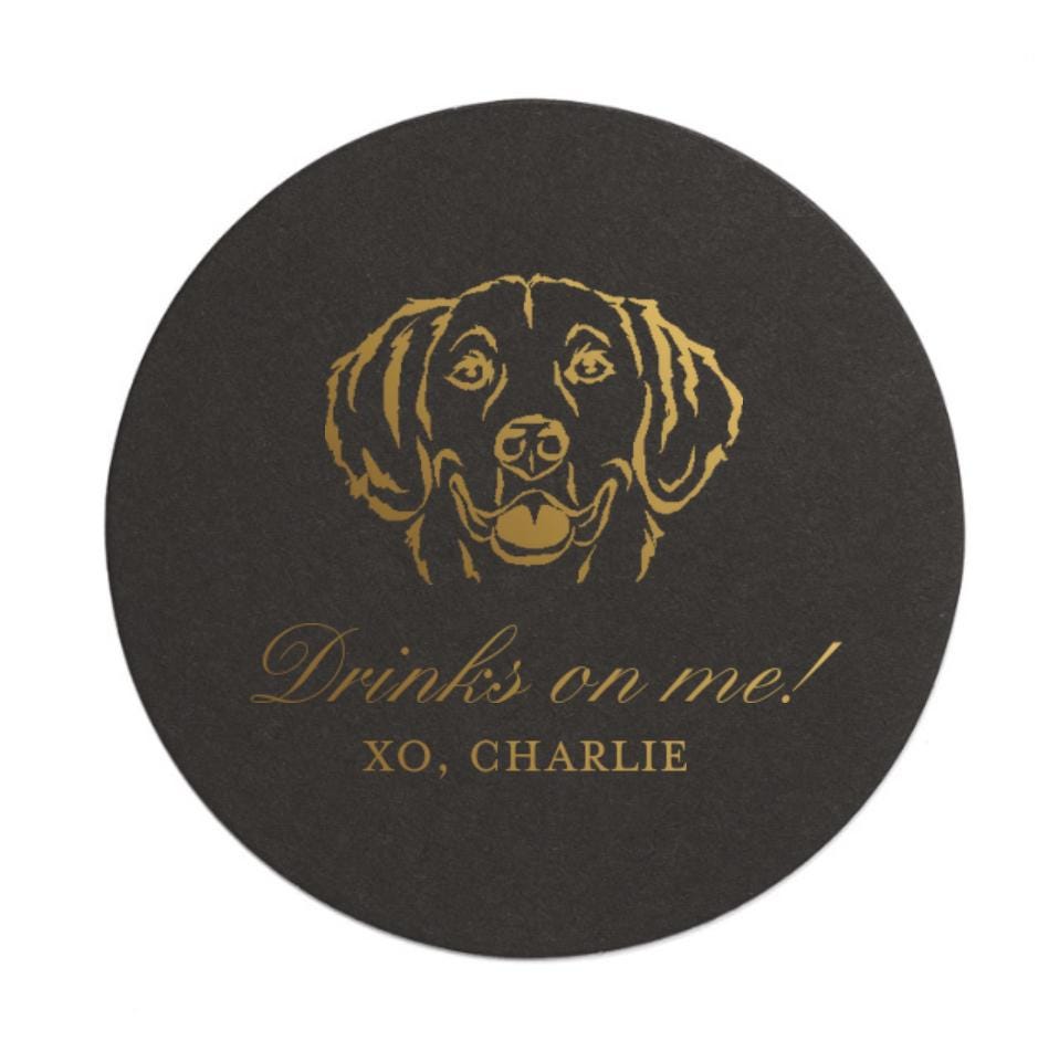 Custom Pet Illustration Paper Coasters: Foil Printed Whimsical Wedding Party Favors