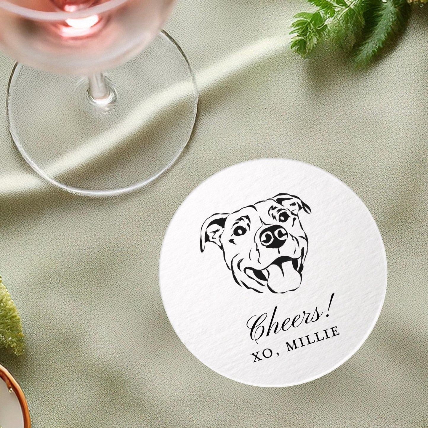 Custom Pet Illustration Paper Coasters: Foil Printed Whimsical Wedding Party Favors