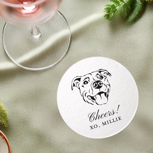 Custom Pet Illustration Paper Coasters: Foil Printed Whimsical Wedding Party Favors