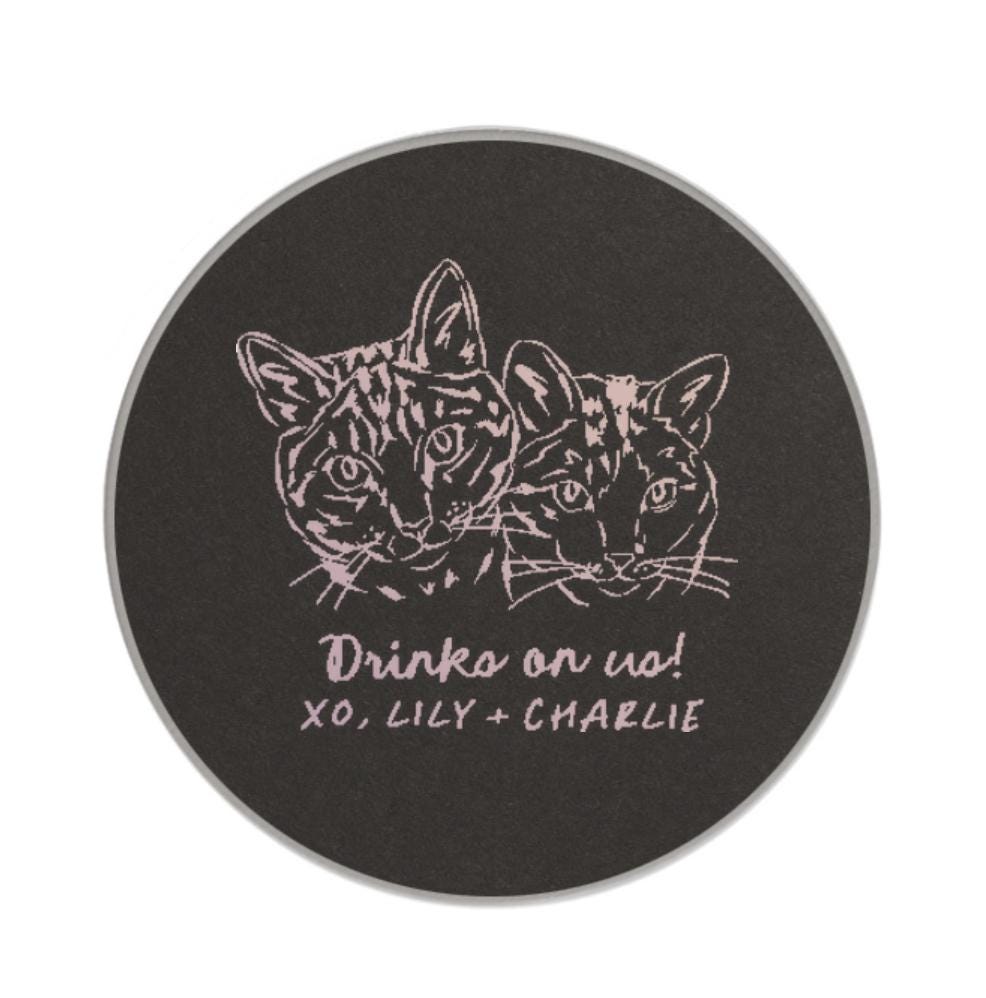 Custom Pet Illustration Paper Coasters: Foil Printed Whimsical Wedding Party Favors