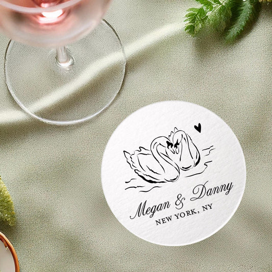 Sketched Swan Paper Coasters: Foil Printed Whimsical Wedding Party Favors