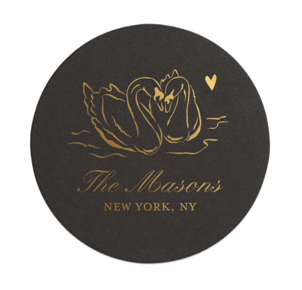 Sketched Swan Paper Coasters: Foil Printed Whimsical Wedding Party Favors