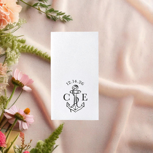 Anchor Crest Custom Wedding Guest Towel Napkins: Personalized Foil Print