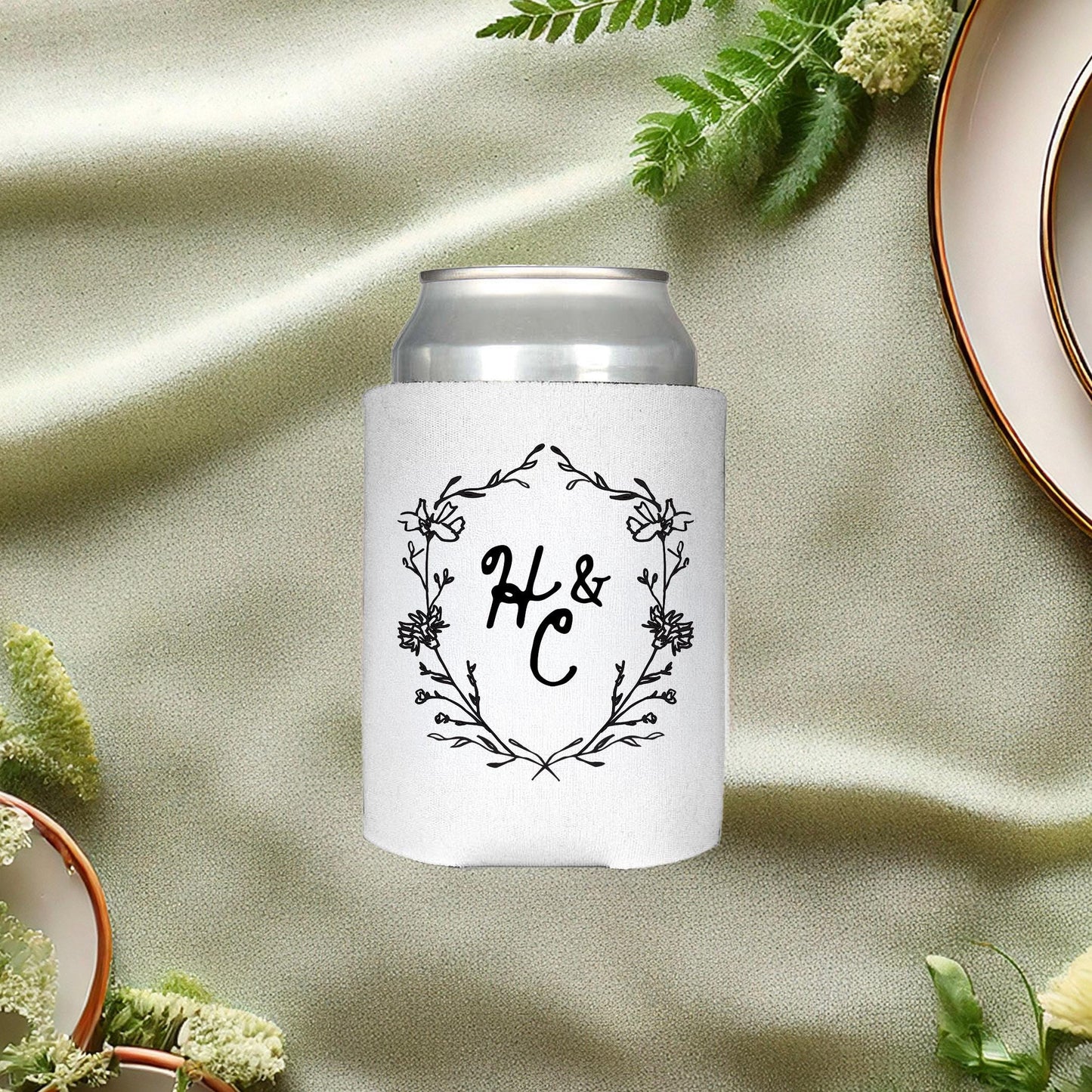 Whimsical Wildflower Crest Can Cooler: Wedding Favors and Reception Decor