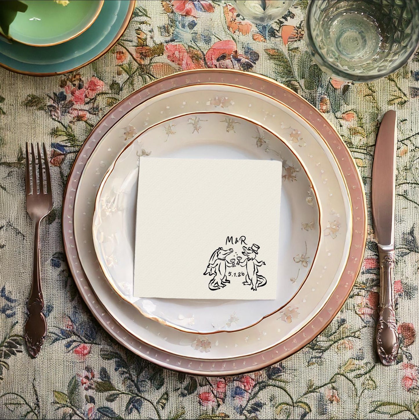 Gator Bride and Groom Wedding Cocktail Napkins: New Orleans Alligator Personalized Party Decor