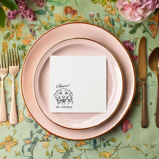 Dog with Glass in Mouth Illustration Cocktail Napkin | For Wedding, Engagement Party, Rehearsal Dinner, Bridal Shower