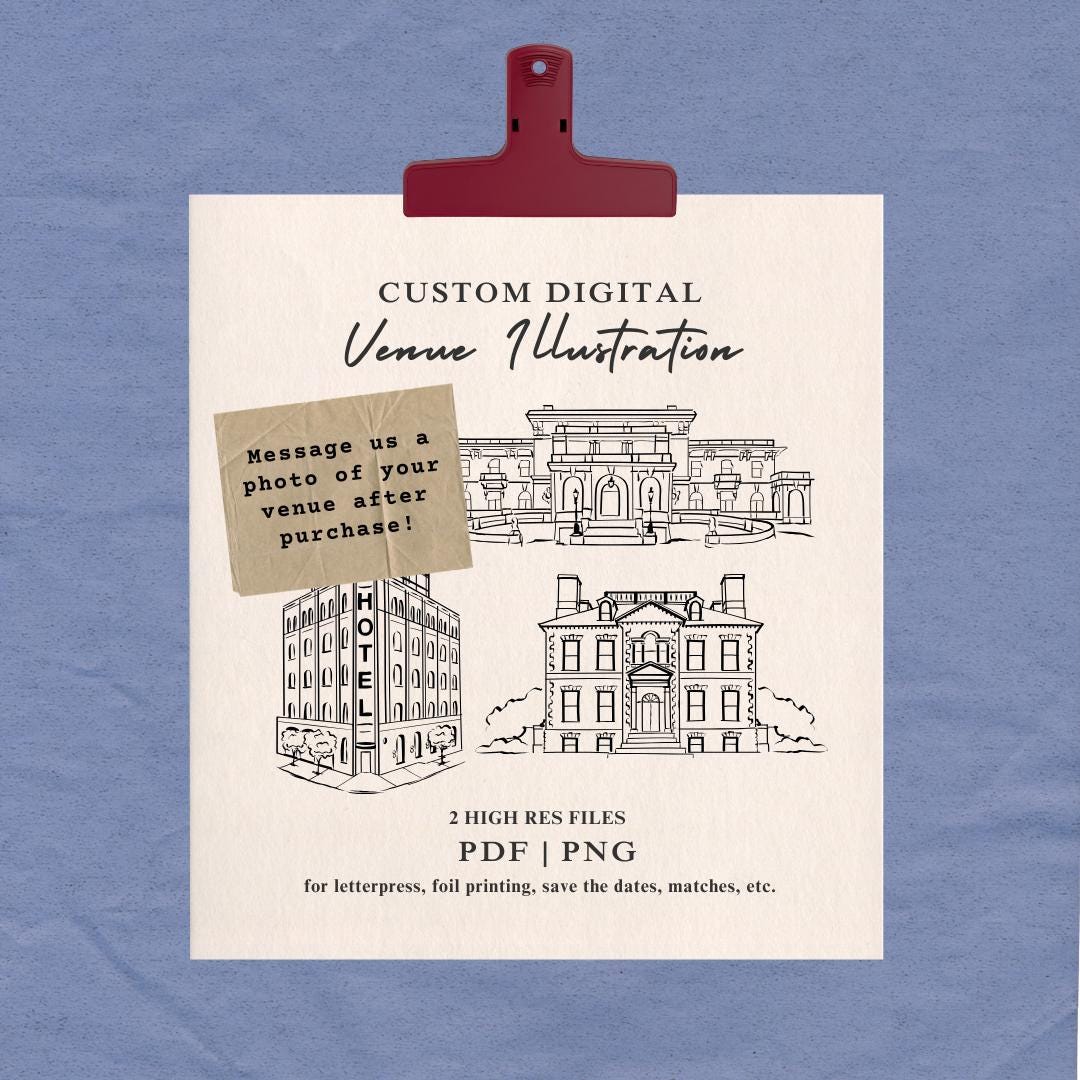 Fully Custom Venue Illustration Digital File, For Wedding Signage, Stationery and Party Wares,  Printable Artwork