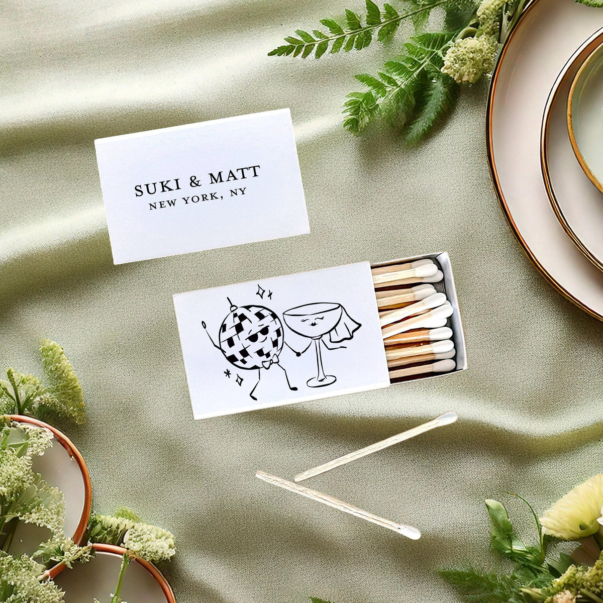 Bride Groom Disco Coupe Drawing: Wedding Matchbox Party Favors