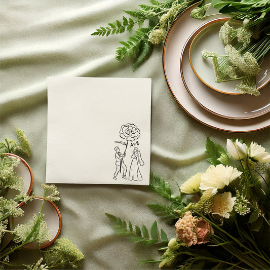 Hand Drawn Couple with Giant Rose Cocktail Napkins: Wedding, Engagement, Shower