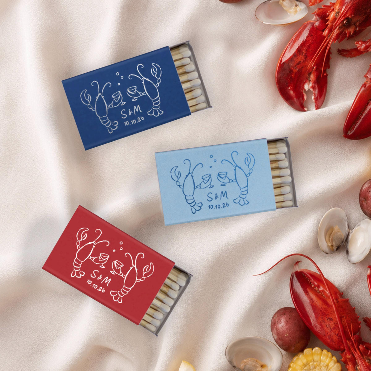 Whimsical Lobster Cheers Sketch Matchboxes: Nautical Wedding Party Favors