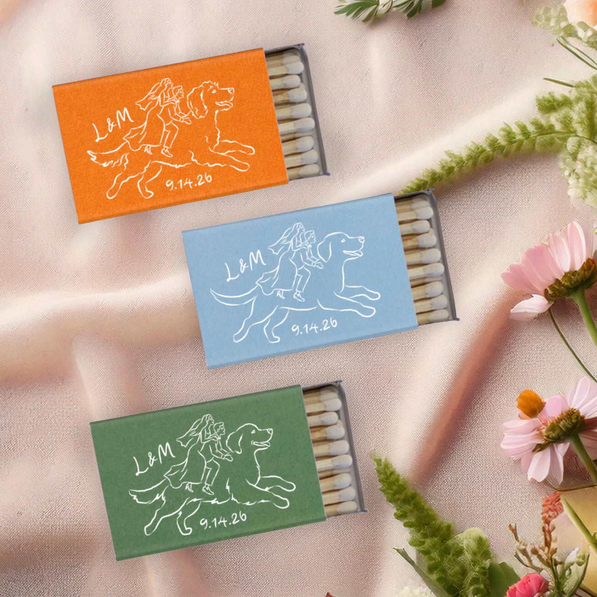 Bride and Groom Dog Riders Matchboxes: Whimsical Sketch Custom Party Favors