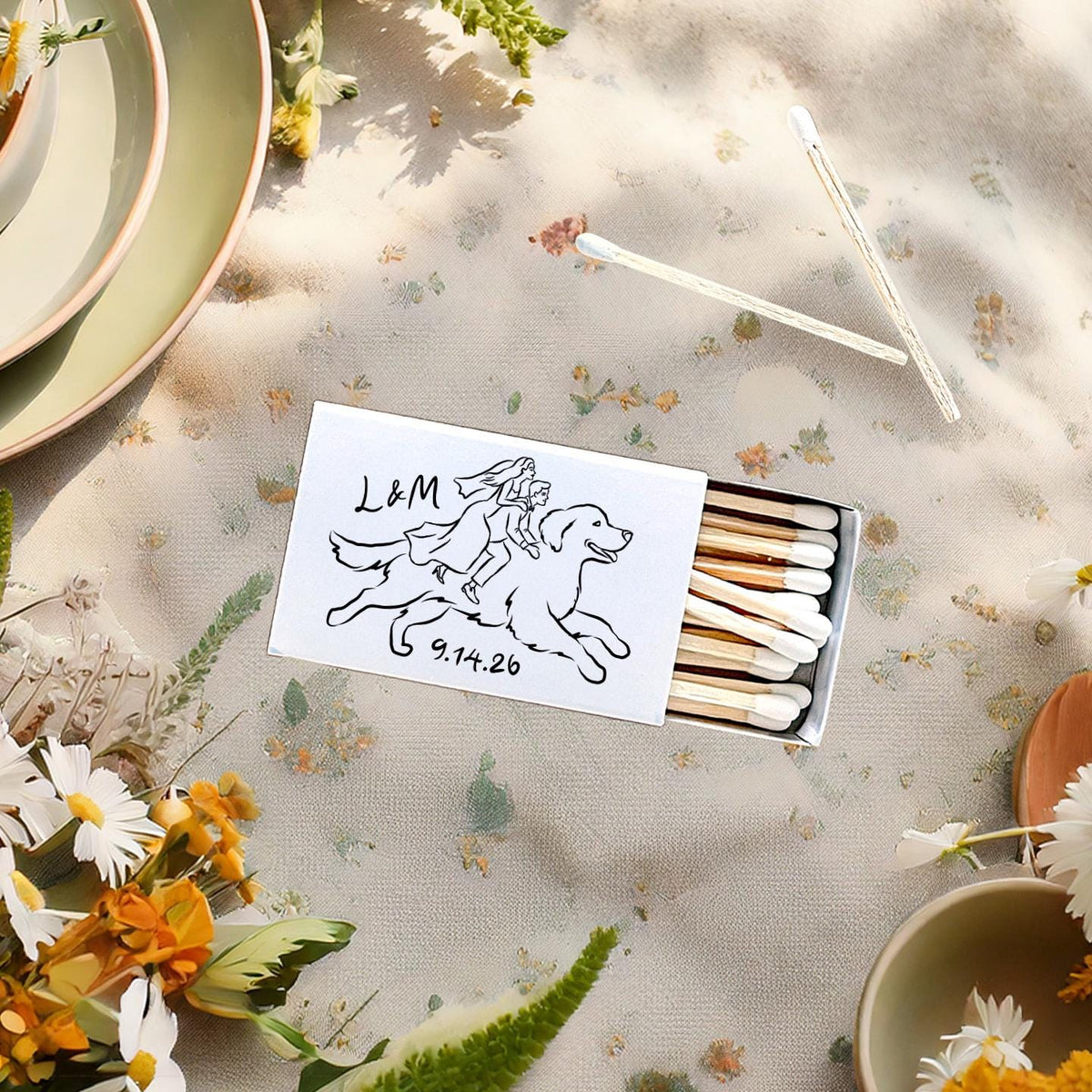 Bride and Groom Dog Riders Matchboxes: Whimsical Sketch Custom Party Favors