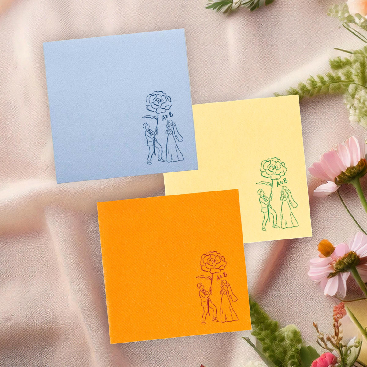 Hand Drawn Couple with Giant Rose Cocktail Napkins: Wedding, Engagement, Shower