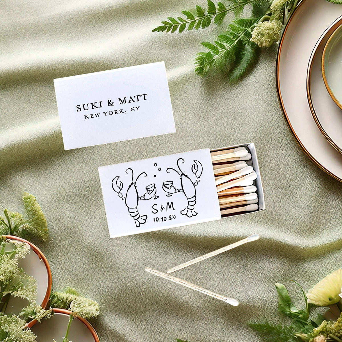 Whimsical Lobster Cheers Sketch Matchboxes: Nautical Wedding Party Favors