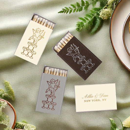 Cherub on Champagne Tower Drawing: Wedding Matchbox Party Favors